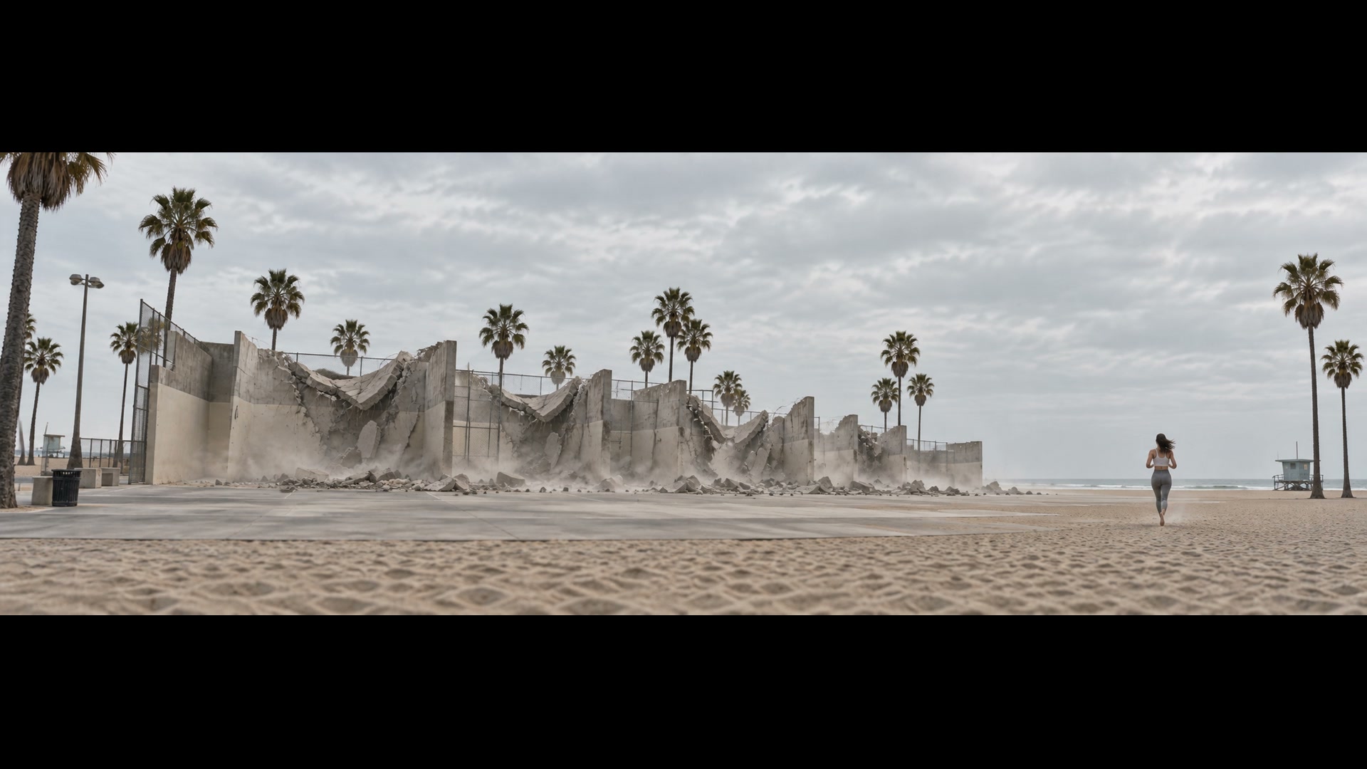 Frame from Venice Racket Court: the court wall collapsing onto the beach