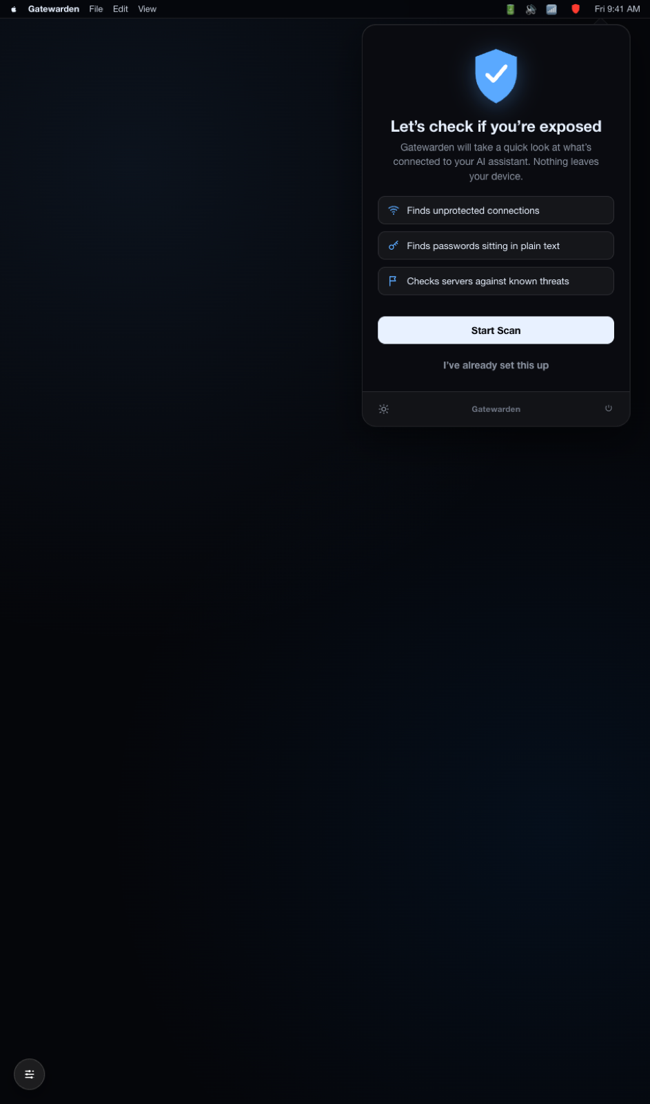 Gatewarden onboarding screen scanning which AI assistants and tools are connected
